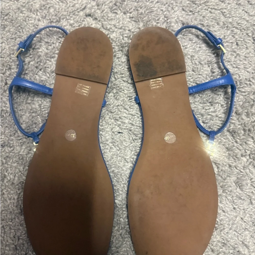 Tory Burch Blue Quilted T-Strap Sandals with Gold Logo